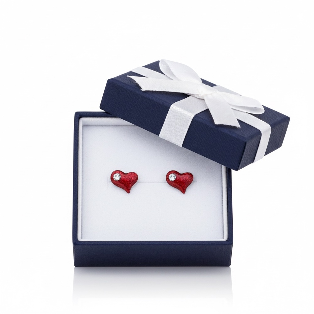 Sterling Silver Red Heart Stud Earrings - Picture 4 of 5